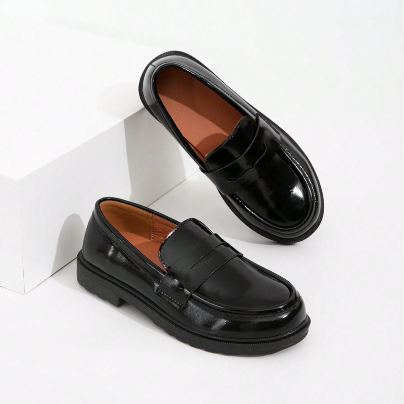 Момичешки PU кожени лофери, кръгла носка, дебела подметка, безшнурови, британски стил; за деца на възраст 7–16 г.