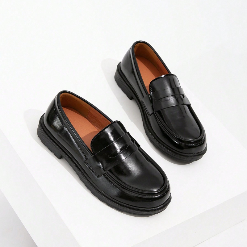 Момичешки PU кожени лофери, кръгла носка, дебела подметка, безшнурови, британски стил; за деца на възраст 7–16 г.