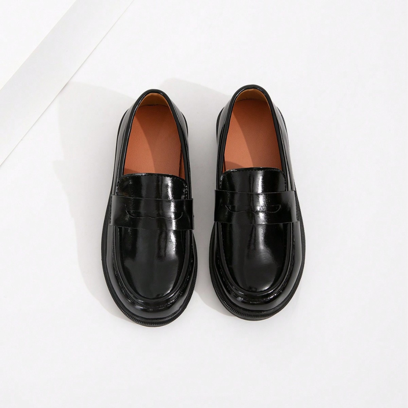 Момичешки PU кожени лофери, кръгла носка, дебела подметка, безшнурови, британски стил; за деца на възраст 7–16 г.