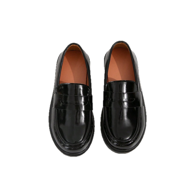 Момичешки PU кожени лофери, кръгла носка, дебела подметка, безшнурови, британски стил; за деца на възраст 7–16 г.