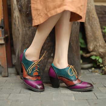 Pantofi Mary Jane din piele naturală, vârf pătrat, model pictat manual, toc mediu 3–5 cm, talpă din cauciuc