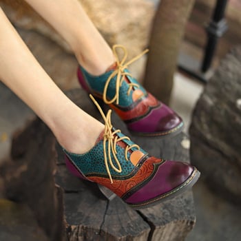Pantofi Mary Jane din piele naturală, vârf pătrat, model pictat manual, toc mediu 3–5 cm, talpă din cauciuc
