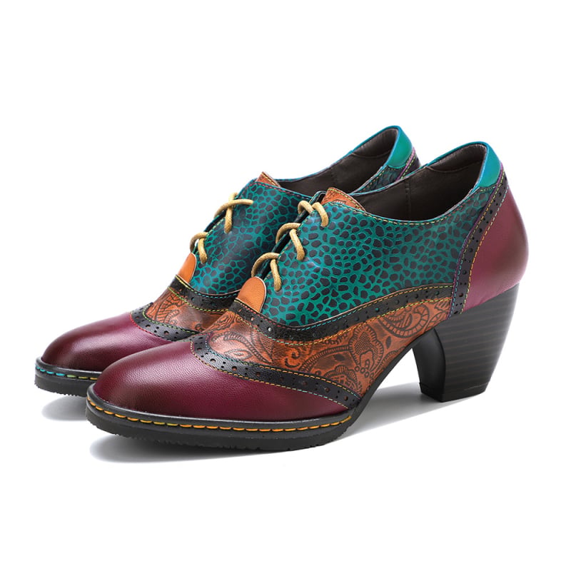 Pantofi Mary Jane din piele naturală, vârf pătrat, model pictat manual, toc mediu 3–5 cm, talpă din cauciuc