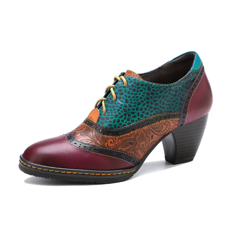 Pantofi Mary Jane din piele naturală, vârf pătrat, model pictat manual, toc mediu 3–5 cm, talpă din cauciuc