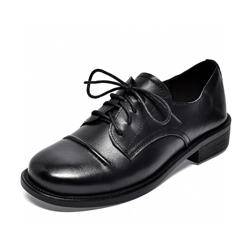 Ženski kožni loafer s vezicama, okrugli vrh, gornji sloj teleće kože, niski pet 1–3 cm, gumena potplat
