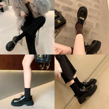 Loafers femei în stil colegiu – vârf rotund, upper din piele de vițel două straturi, talpă din cauciuc, branț PU, deschidere adâncă, toc mediu 3–5 cm