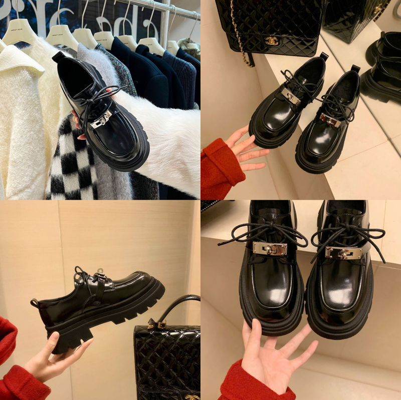 Loafers femei în stil colegiu – vârf rotund, upper din piele de vițel două straturi, talpă din cauciuc, branț PU, deschidere adâncă, toc mediu 3–5 cm