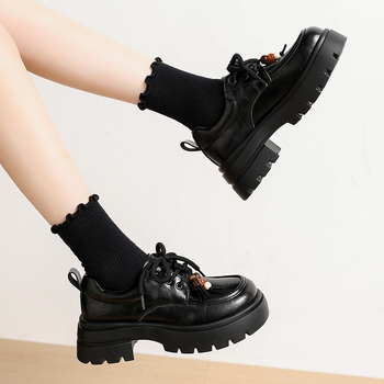 Loafers dama cu șireturi, vârf rotund, PU partea superioară, talpă din cauciuc 3-5 cm grosime, stil britanic de colegiu