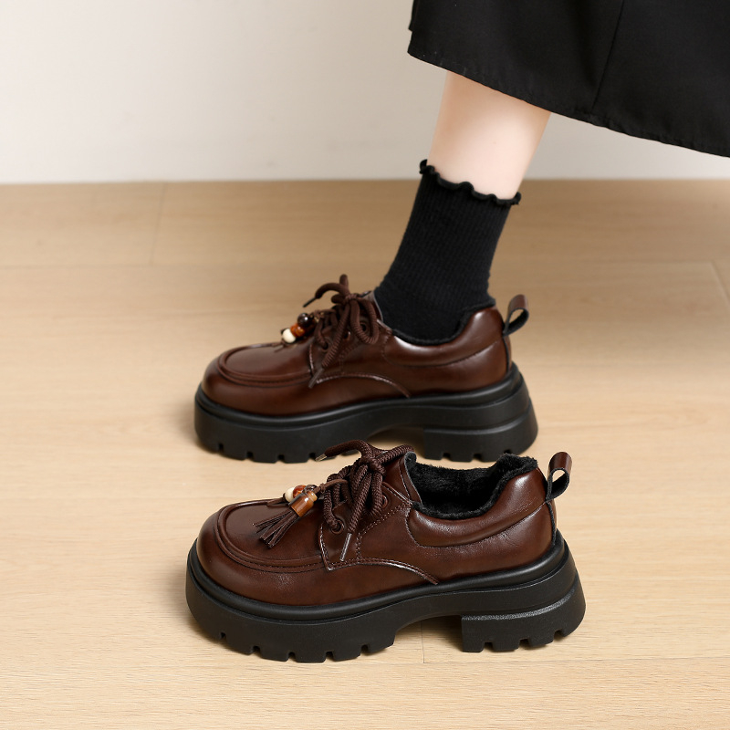 Loafers dama cu șireturi, vârf rotund, PU partea superioară, talpă din cauciuc 3-5 cm grosime, stil britanic de colegiu