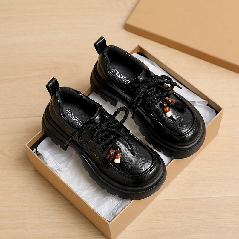 Loafers dama cu șireturi, vârf rotund, PU partea superioară, talpă din cauciuc 3-5 cm grosime, stil britanic de colegiu