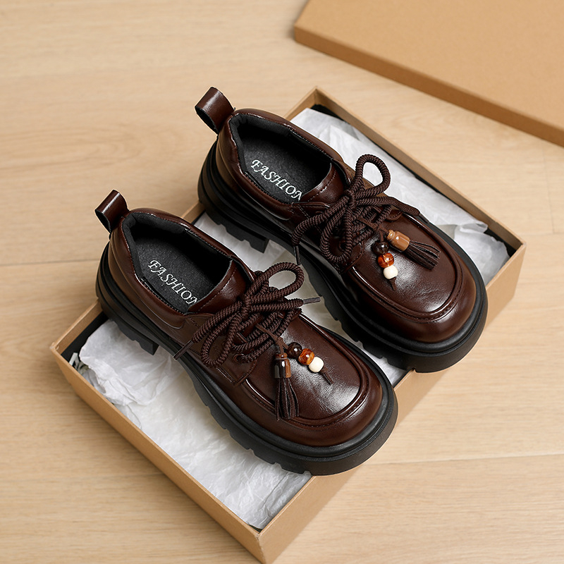 Loafers dama cu șireturi, vârf rotund, PU partea superioară, talpă din cauciuc 3-5 cm grosime, stil britanic de colegiu