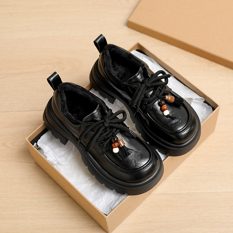 Loafers dama cu șireturi, vârf rotund, PU partea superioară, talpă din cauciuc 3-5 cm grosime, stil britanic de colegiu