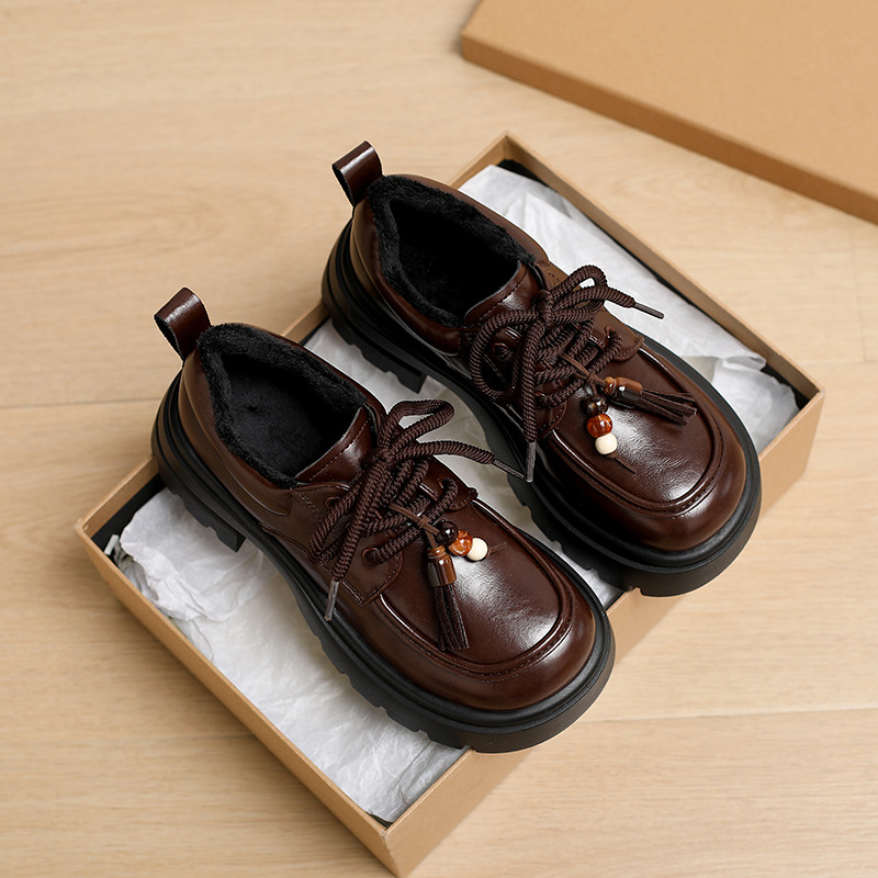 Loafers dama cu șireturi, vârf rotund, PU partea superioară, talpă din cauciuc 3-5 cm grosime, stil britanic de colegiu