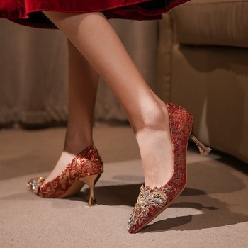 Kristályos esküvői magassarkú cipő kétirányú viselésre, hegyes orr, 6–8 cm sarok, vékony sarok, PU talp