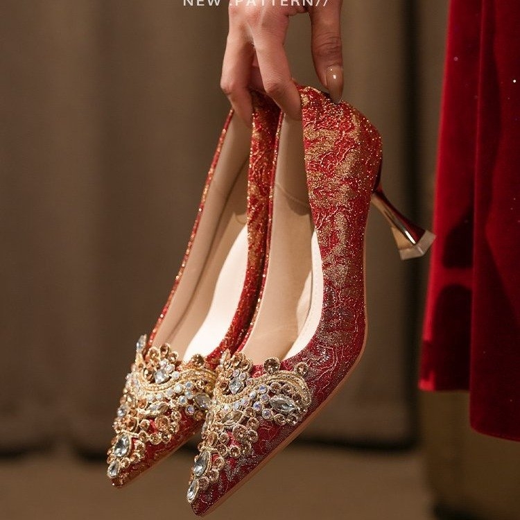 Kristályos esküvői magassarkú cipő kétirányú viselésre, hegyes orr, 6–8 cm sarok, vékony sarok, PU talp