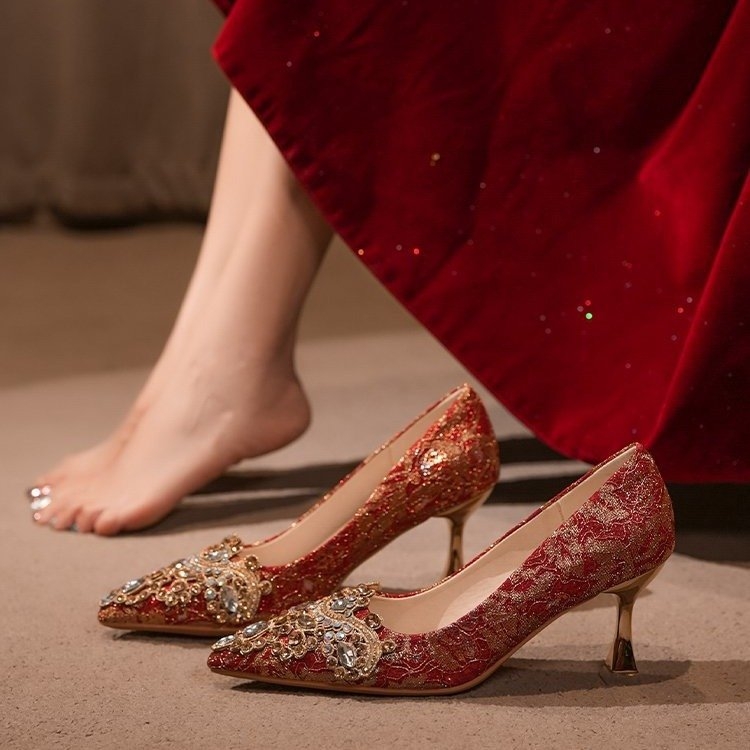 Kristályos esküvői magassarkú cipő kétirányú viselésre, hegyes orr, 6–8 cm sarok, vékony sarok, PU talp