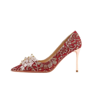 Pantofi de mireasă cu cristale, vârf ascuțit, partea superioară din microfiber, talpă din cauciuc, stil etnic inspirat de design chinezesc, toc de 6-8 cm