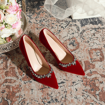 Pantofi de nuntă cu vârf ascuțit, partea superioară din catifea Xishi, 6–8 cm înălțime toc, toc subțire, talpă din cauciuc