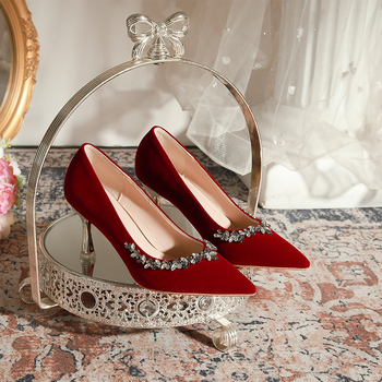 Pantofi de nuntă cu vârf ascuțit, partea superioară din catifea Xishi, 6–8 cm înălțime toc, toc subțire, talpă din cauciuc