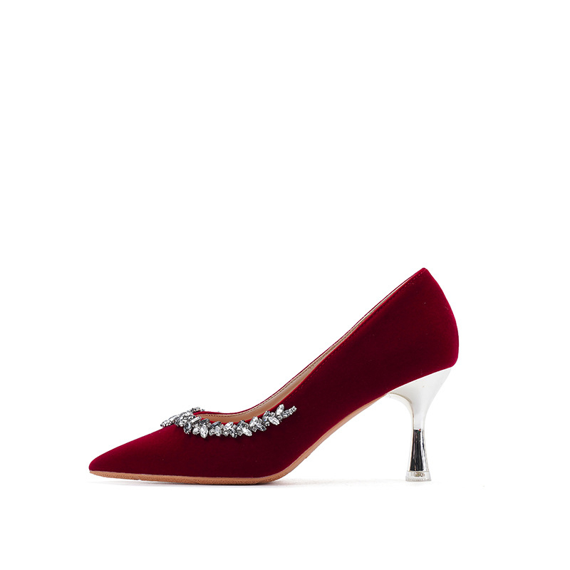 Pantofi de nuntă cu vârf ascuțit, partea superioară din catifea Xishi, 6–8 cm înălțime toc, toc subțire, talpă din cauciuc