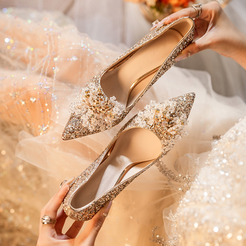 Pantofi de mireasă pentru femei, vârf ascuțit, toc stiletto 6-8 cm, vamp glitter