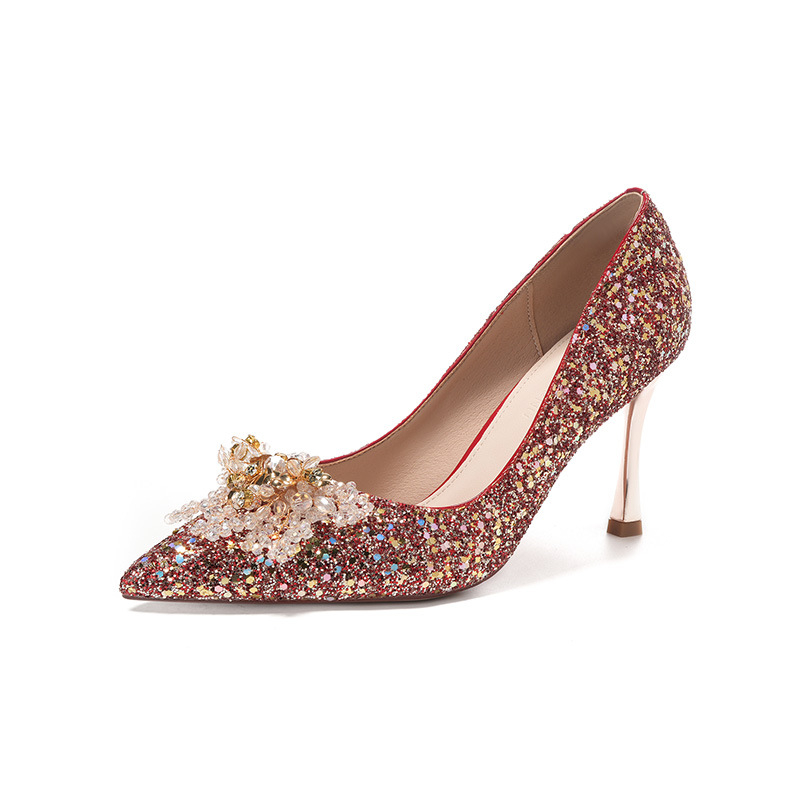 Pantofi de mireasă pentru femei, vârf ascuțit, toc stiletto 6-8 cm, vamp glitter