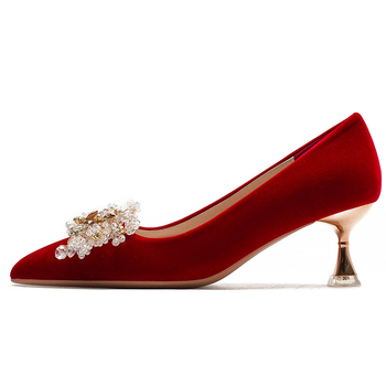 Pantofi dama cu toc cui, vârf ascuțit, catifea pe partea superioară, stil franțuzesc, decolteu redus, toc 6–8 cm, potriviți pentru nuntă