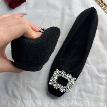 Pantofi Mary Jane din velur cu cristale, căptușeală din puf, înălțime ascunsă, talpă din cauciuc, toc mediu 3–6 cm, căldură de iarnă
