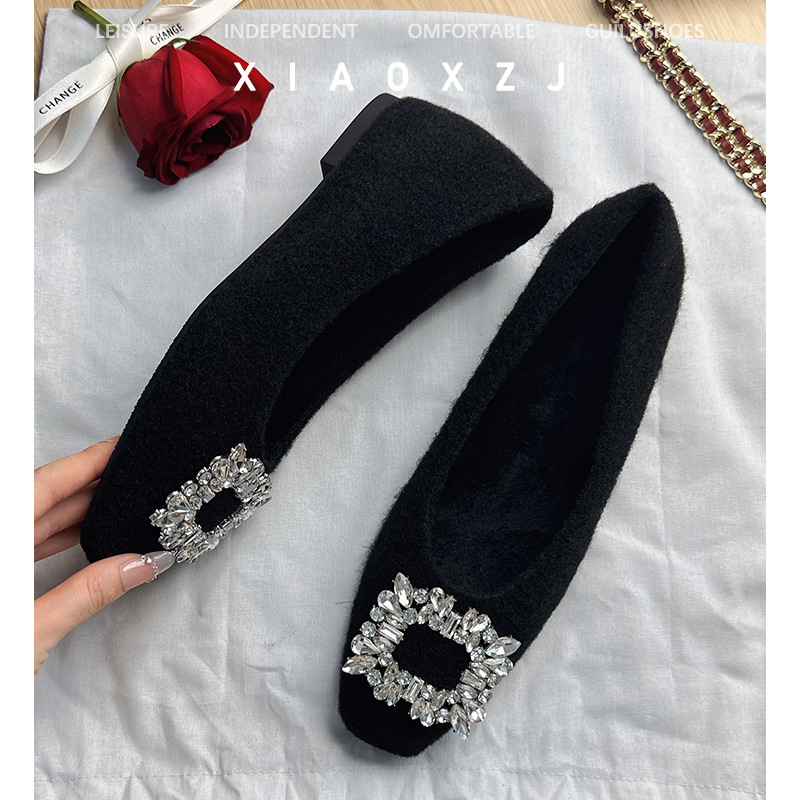Pantofi Mary Jane din velur cu cristale, căptușeală din puf, înălțime ascunsă, talpă din cauciuc, toc mediu 3–6 cm, căldură de iarnă