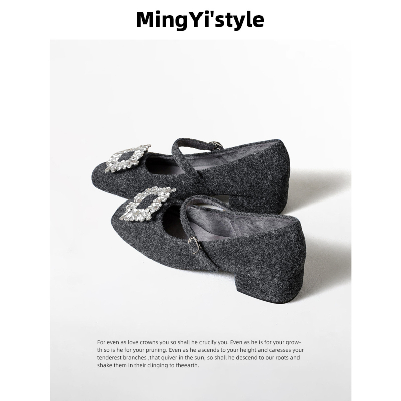 Pantofi Mary Jane pentru femei, partea superioară din lână, căptușeală cu fleece, vârf pătrat, închidere cu cataramă, toc gros 3–6 cm