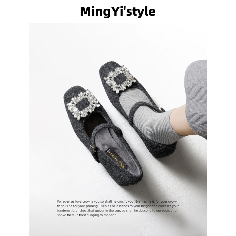 Pantofi Mary Jane pentru femei, partea superioară din lână, căptușeală cu fleece, vârf pătrat, închidere cu cataramă, toc gros 3–6 cm