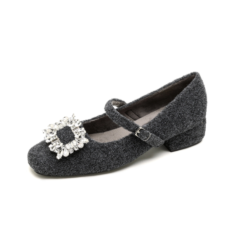 Pantofi Mary Jane pentru femei, partea superioară din lână, căptușeală cu fleece, vârf pătrat, închidere cu cataramă, toc gros 3–6 cm