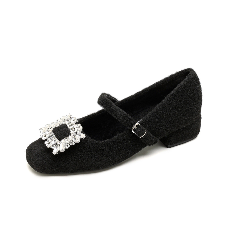 Pantofi Mary Jane pentru femei, partea superioară din lână, căptușeală cu fleece, vârf pătrat, închidere cu cataramă, toc gros 3–6 cm