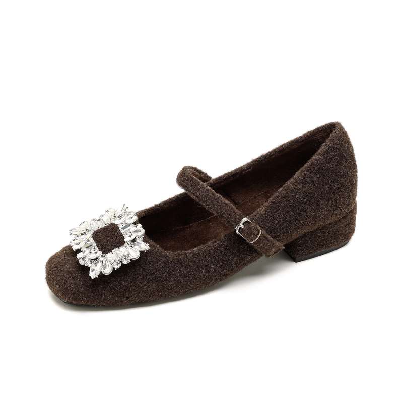 Pantofi Mary Jane pentru femei, partea superioară din lână, căptușeală cu fleece, vârf pătrat, închidere cu cataramă, toc gros 3–6 cm