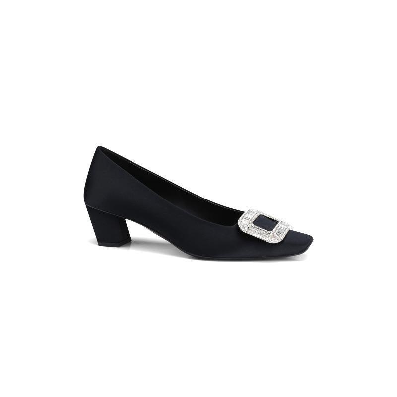 Pantofi dama cu toc mediu, cataramă pătrată cu strasuri, vârf pătrat, 3–6 cm înălțime, partea superioară și căptușeala din microfibră, talpă din cauciuc, slip-on