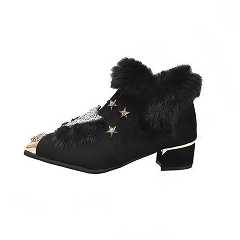 Pantofi eleganți cu blană de vulpe, strasuri și accente metalice, vârf ascuțit, toc mic 1–3 cm, branță din lână de miel, căptușeală pufoasă