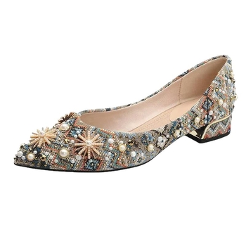 Pantofi dama balerini cu vârf ascuțit, exterior din canvas, ornamente cu cristale, talpă interioară PU, talpă din cauciuc