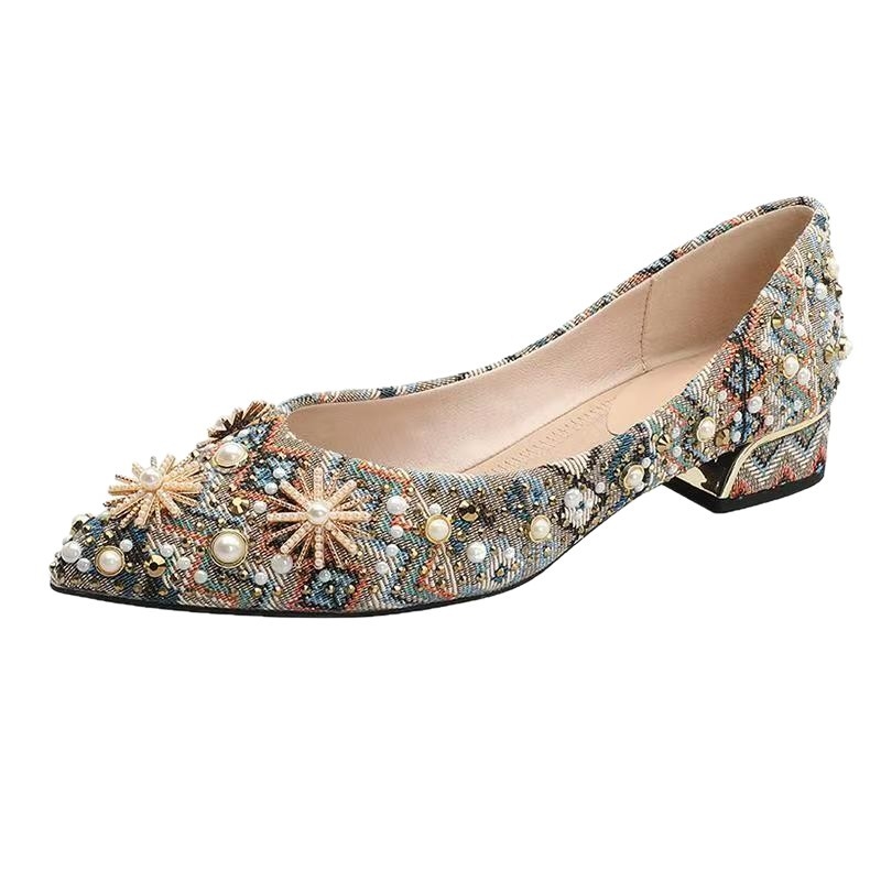 Pantofi dama balerini cu vârf ascuțit, exterior din canvas, ornamente cu cristale, talpă interioară PU, talpă din cauciuc