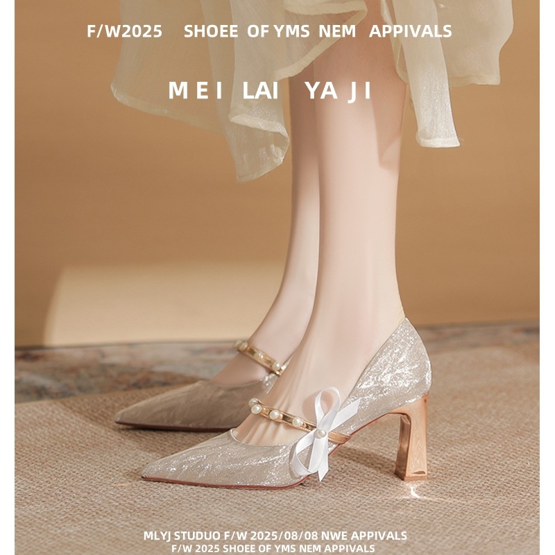 Pantofi de banchet, vârf ascuțit, exterior din piele de vită de primă clasă, toc gros 6–8 cm, căptușeală PU