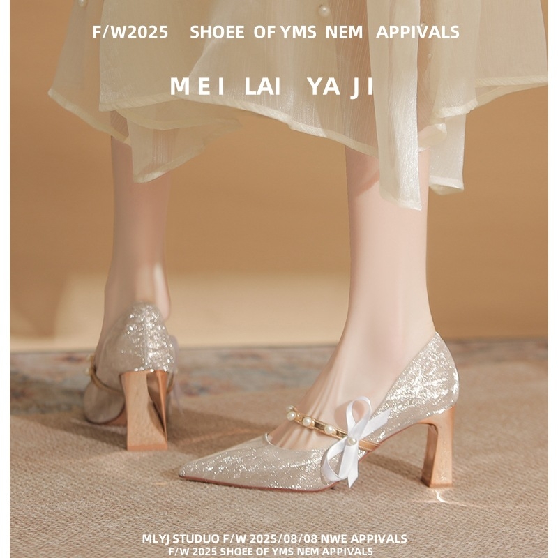 Pantofi de banchet, vârf ascuțit, exterior din piele de vită de primă clasă, toc gros 6–8 cm, căptușeală PU