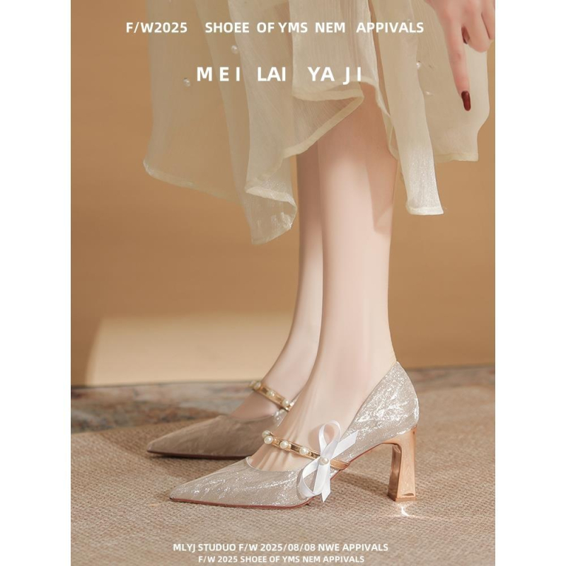 Pantofi de banchet, vârf ascuțit, exterior din piele de vită de primă clasă, toc gros 6–8 cm, căptușeală PU