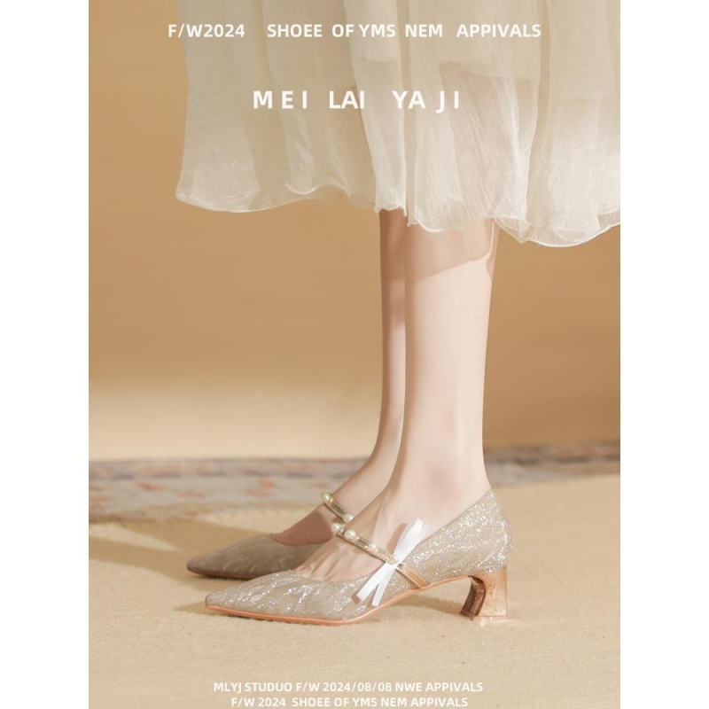 Pantofi de banchet, vârf ascuțit, exterior din piele de vită de primă clasă, toc gros 6–8 cm, căptușeală PU