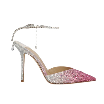 Vysoké podpätky s špičatým nosom, saténový vršok, gradientný vzor, veľmi vysoký podpätok, viazanie na šnúrky