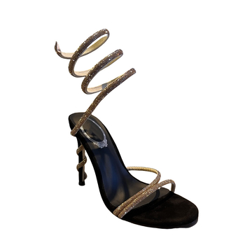 Ženske stiletto sandale s kristalno zmijskim uzorkom, otvoreni prst i remenčići; visina pete 6–8 cm; gornji materijal: Super Fiber; ulošak: prirodna koža; potplat: guma