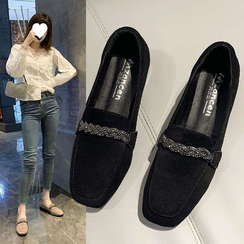 Ženske cipele od semiša s kvadratnim vrhom, britski stil, bez vezica, gumeni potplat