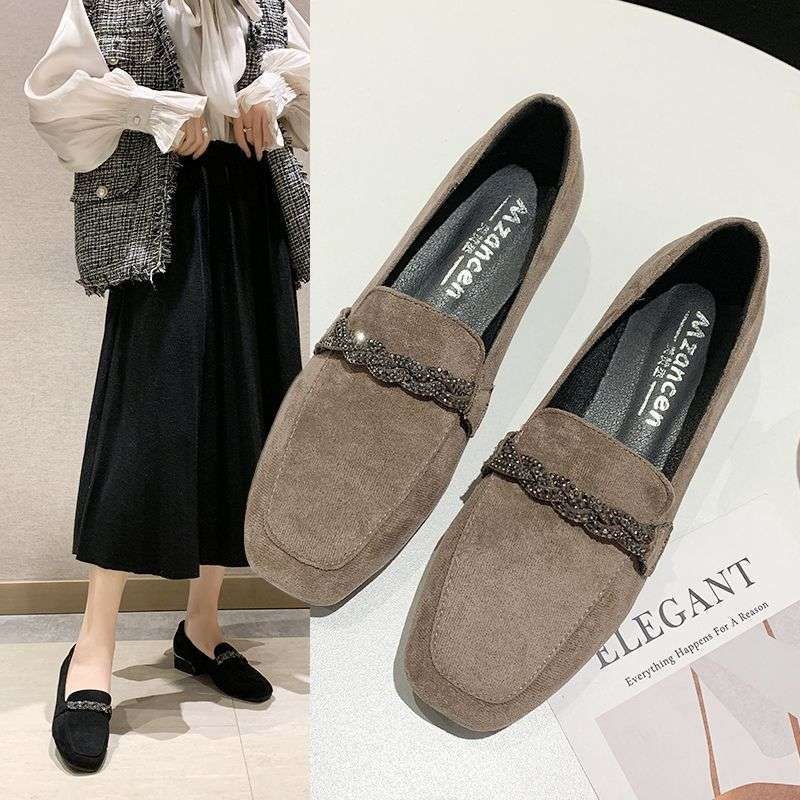 Ženske cipele od semiša s kvadratnim vrhom, britski stil, bez vezica, gumeni potplat