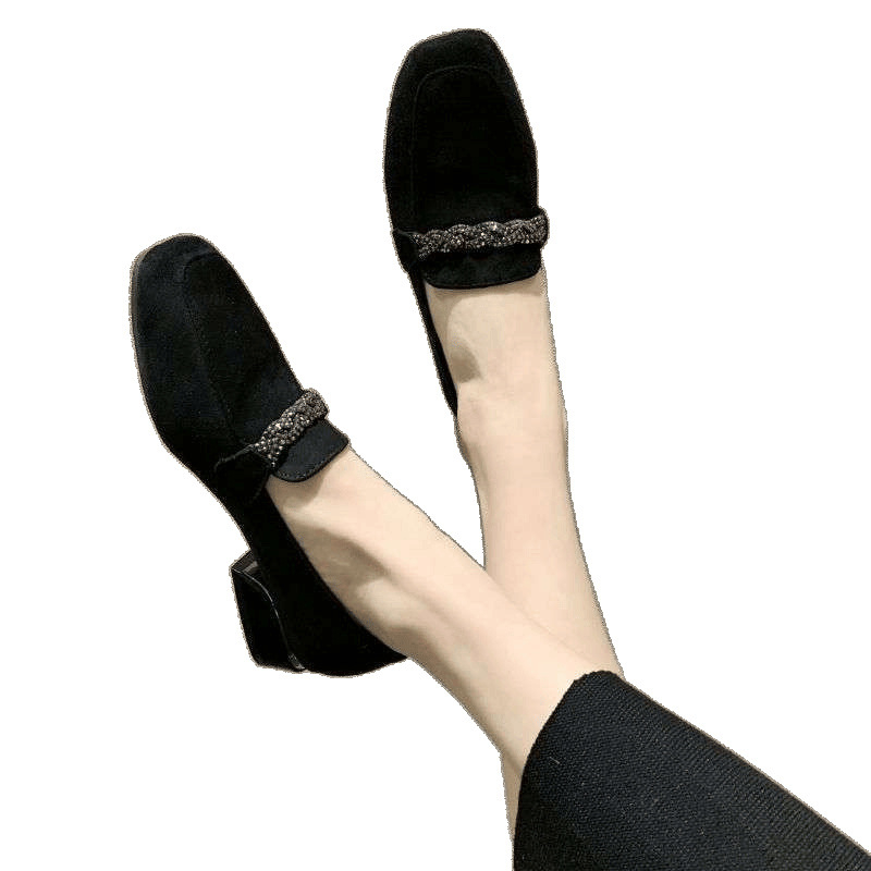 Ženske cipele od semiša s kvadratnim vrhom, britski stil, bez vezica, gumeni potplat
