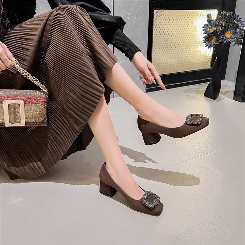 Ženske cipele s kvadratnim nosem od velura, niski pet, slip-on, za proljeće