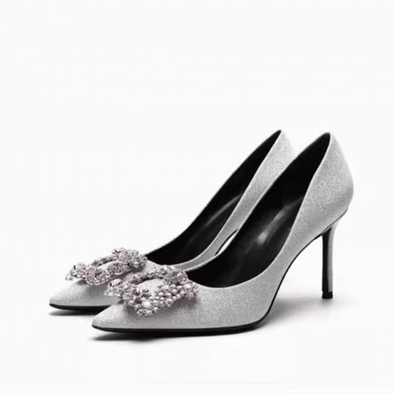 Pantofi stiletto pentru femei, vârf ascuțit, suprafață satinată, toc subțire 6-8 cm, talpă din cauciuc
