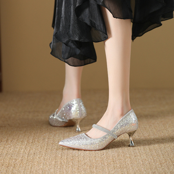 Vjenčane Mary Jane cipele s oštrim vrhom, tanak pet 6-8 cm, gumena potplata, PU uložak